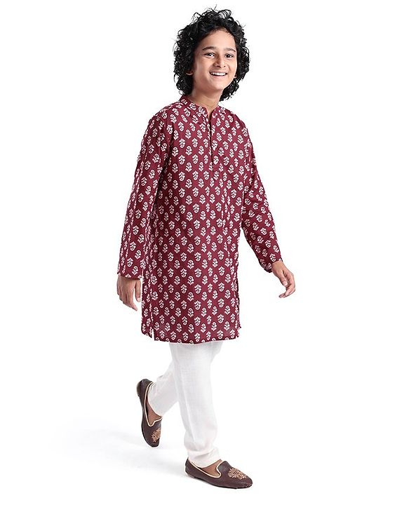 Pine Kids Full Sleeves Floral Printed Kurta Pyjama Set - Maroon & White