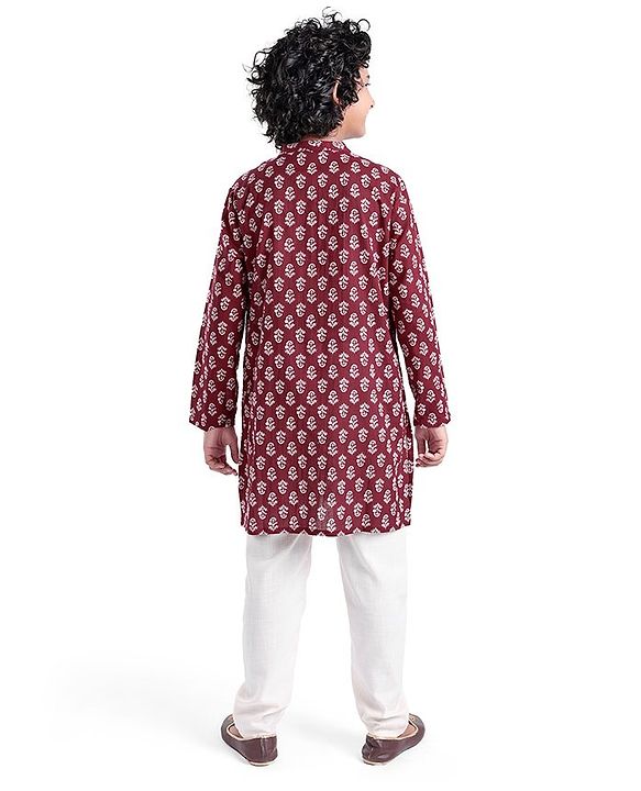 Pine Kids Full Sleeves Floral Printed Kurta Pyjama Set - Maroon & White
