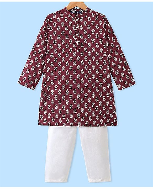 Pine Kids Full Sleeves Floral Printed Kurta Pyjama Set - Maroon & White