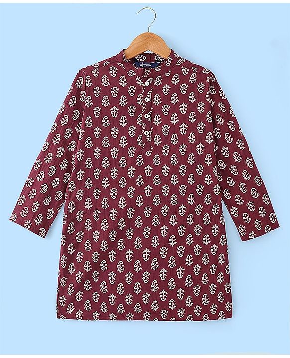 Pine Kids Full Sleeves Floral Printed Kurta Pyjama Set - Maroon & White