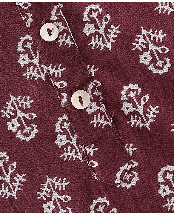 Pine Kids Full Sleeves Floral Printed Kurta Pyjama Set - Maroon & White