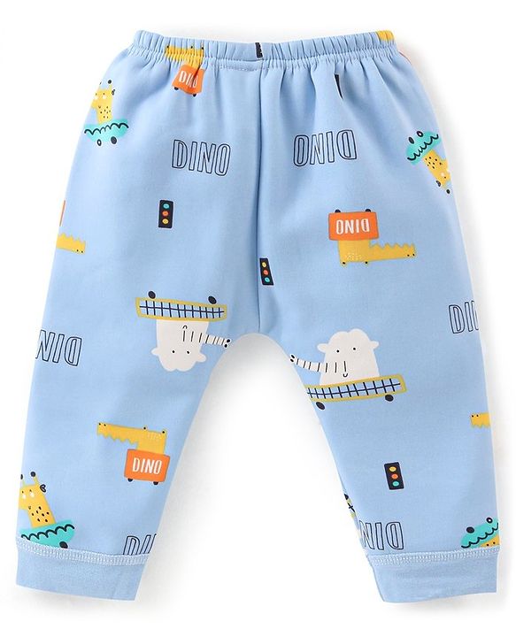 Babyhug Full Length Lion Print Fleece and Woolen Pants With Bear Applique - Light Blue