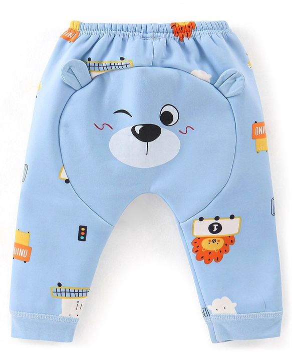 Babyhug Full Length Lion Print Fleece and Woolen Pants With Bear Applique - Light Blue