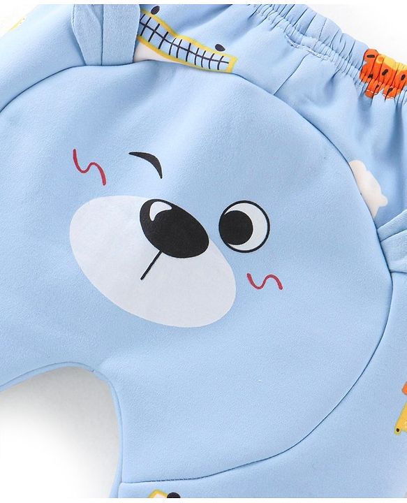 Babyhug Full Length Lion Print Fleece and Woolen Pants With Bear Applique - Light Blue