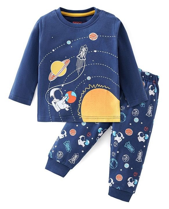 Babyhug Cotton Full Sleeves T-Shirt & Pyjama Set Solar System Print - Navy Blue