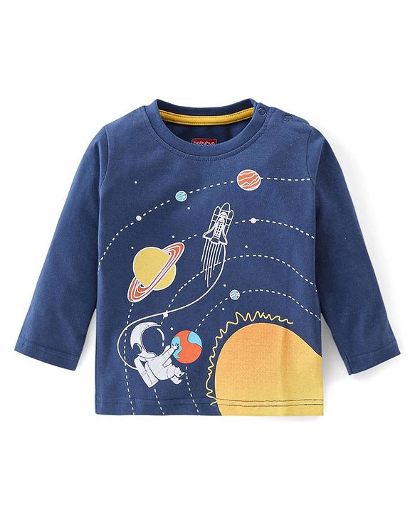 Babyhug Cotton Full Sleeves T-Shirt & Pyjama Set Solar System Print - Navy Blue