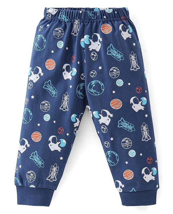 Babyhug Cotton Full Sleeves T-Shirt & Pyjama Set Solar System Print - Navy Blue