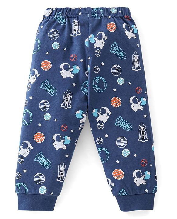 Babyhug Cotton Full Sleeves T-Shirt & Pyjama Set Solar System Print - Navy Blue