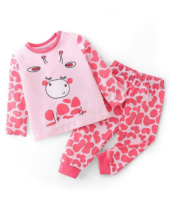 Babyhug Cotton Knit Full Sleeves Night Suit Giraffe Print - Pink