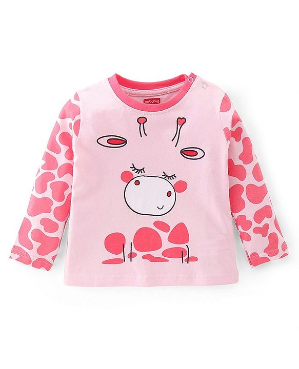 Babyhug Cotton Knit Full Sleeves Night Suit Giraffe Print - Pink
