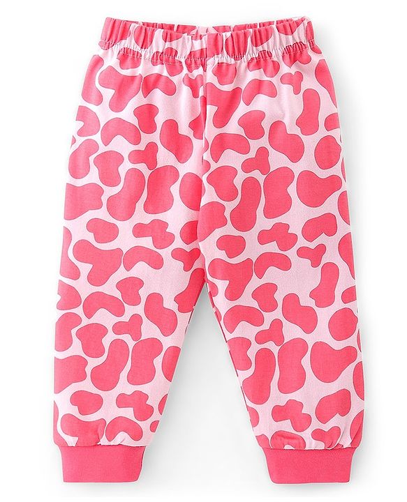 Babyhug Cotton Knit Full Sleeves Night Suit Giraffe Print - Pink
