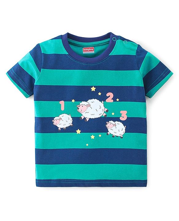 Babyhug Single Jersey Knit Half Sleeves Nightsuit Striped - Green & Navy Blue