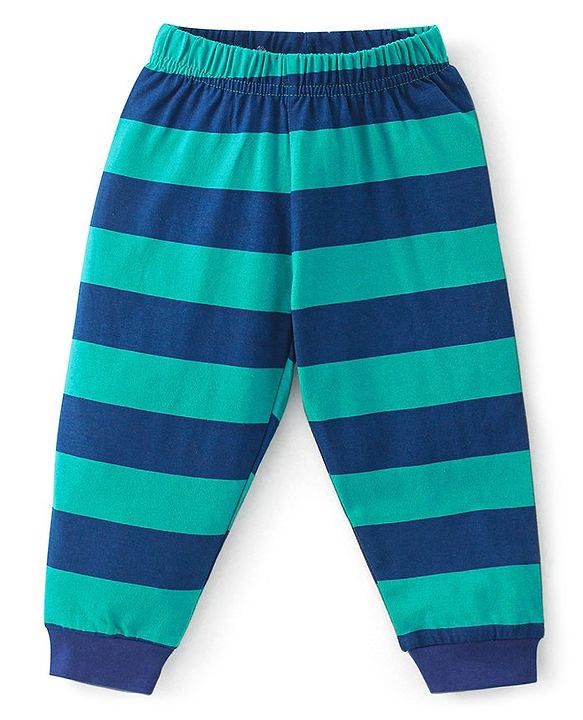 Babyhug Single Jersey Knit Half Sleeves Nightsuit Striped - Green & Navy Blue