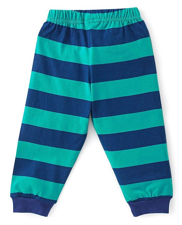 Babyhug Single Jersey Knit Half Sleeves Nightsuit Striped - Green & Navy Blue