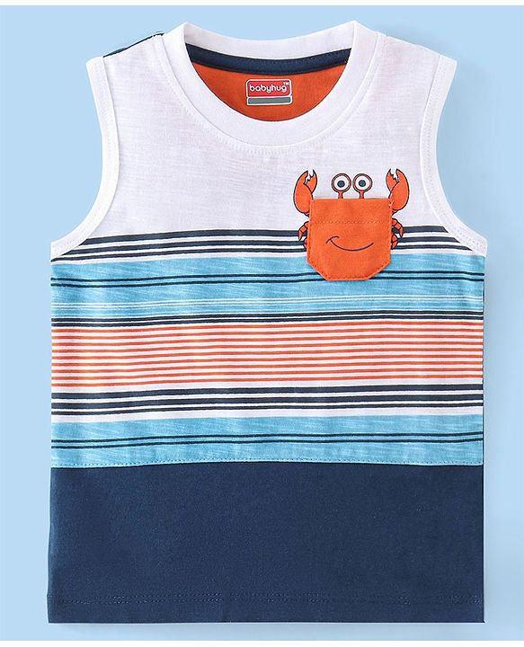 Babyhug 100% Cotton Sleeveless T-Shirt with Crab Graphics - White & Navy Blue