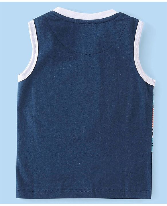 Babyhug 100% Cotton Sleeveless T-Shirt with Crab Graphics - White & Navy Blue