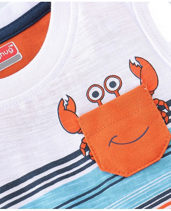 Babyhug 100% Cotton Sleeveless T-Shirt with Crab Graphics - White & Navy Blue