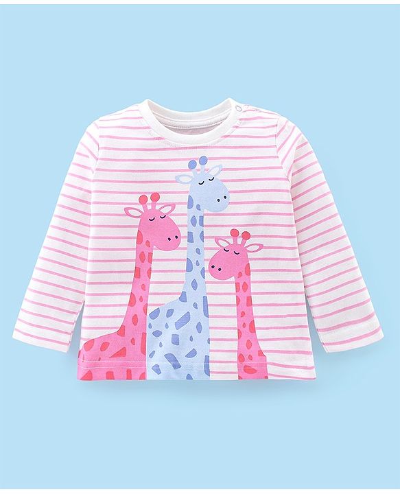 Babyhug Cotton Knit Full Sleeves Night Suit With Giraffe Print & Striped - Pink