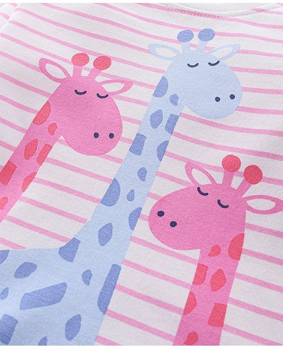Babyhug Cotton Knit Full Sleeves Night Suit With Giraffe Print & Striped - Pink