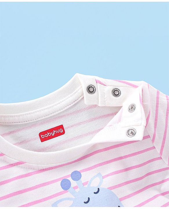 Babyhug Cotton Knit Full Sleeves Night Suit With Giraffe Print & Striped - Pink