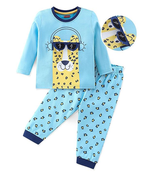 Babyhug Cotton Knit Full Sleeves Night Suit With Leopard Print & Embroidery - Blue