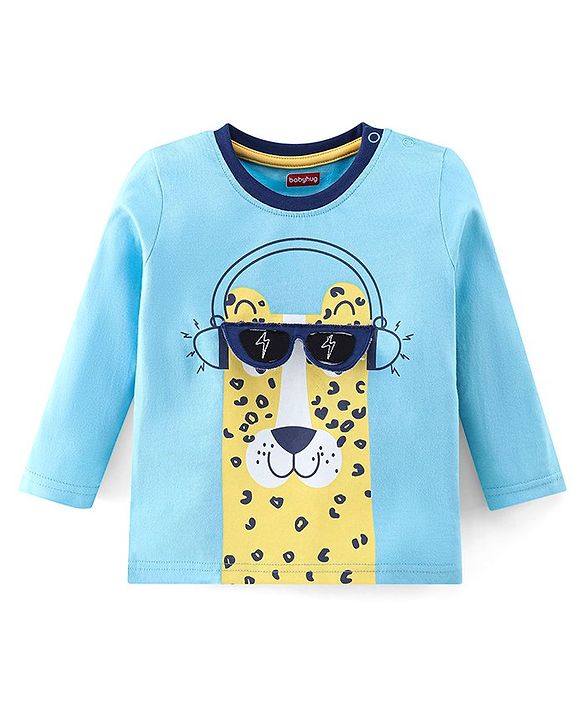 Babyhug Cotton Knit Full Sleeves Night Suit With Leopard Print & Embroidery - Blue