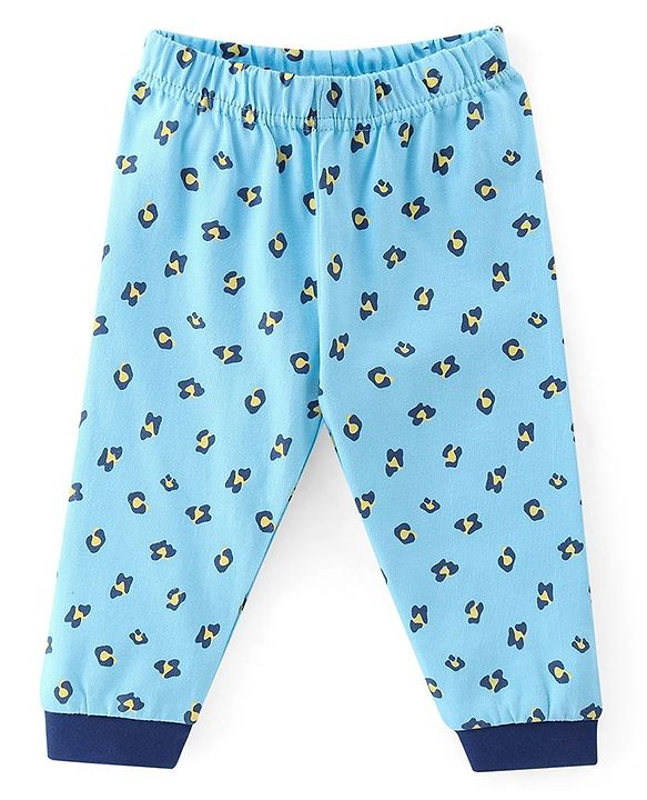 Babyhug Cotton Knit Full Sleeves Night Suit With Leopard Print & Embroidery - Blue