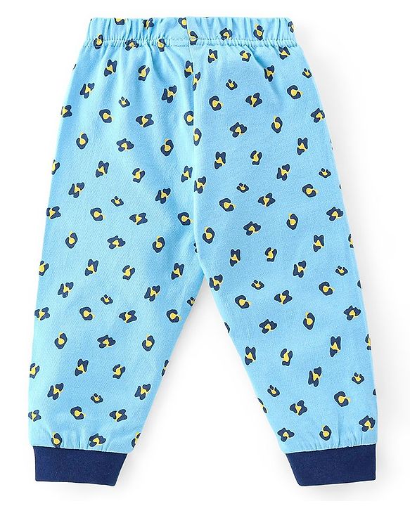 Babyhug Cotton Knit Full Sleeves Night Suit With Leopard Print & Embroidery - Blue