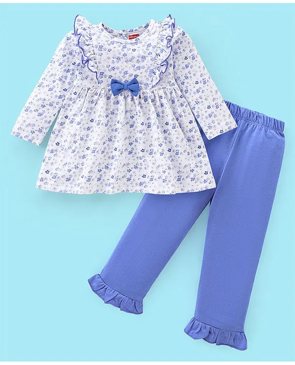 Babyhug Cotton Knit Full Sleeves Frock with Leggings Floral Printed - Blue