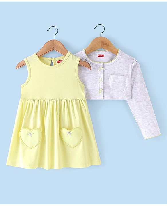 Babyhug 100% Cotton Knit Frock with Full Sleeves Jacket Solid Colour - Yellow