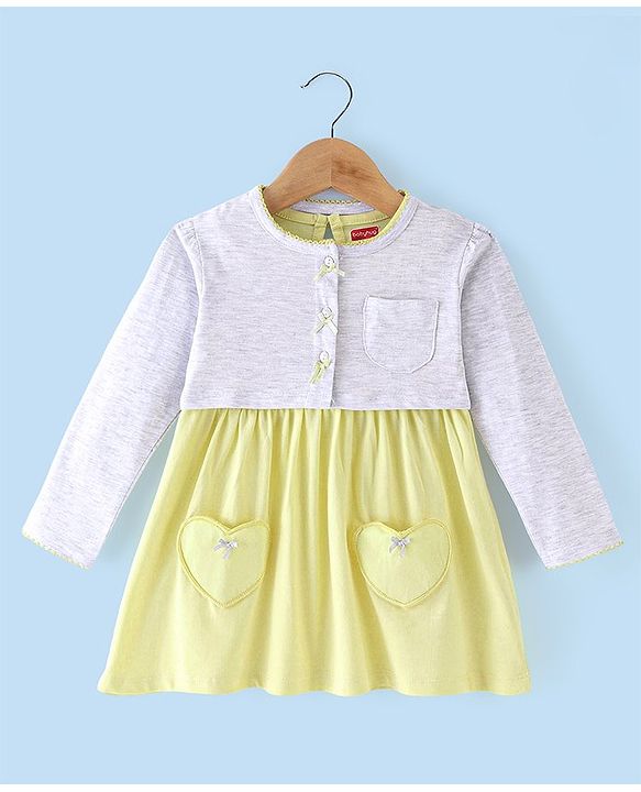 Babyhug 100% Cotton Knit Frock with Full Sleeves Jacket Solid Colour - Yellow