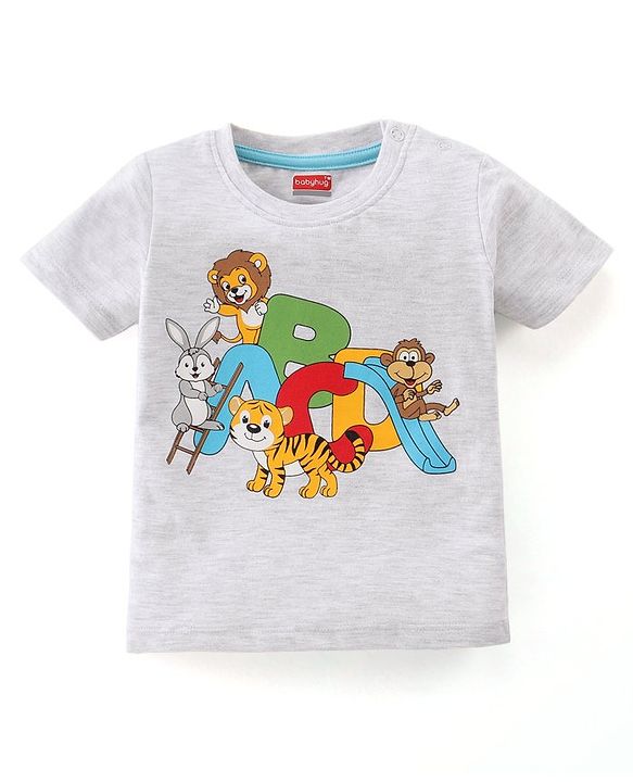 Babyhug Cotton Knit Half Sleeves T-Shirt Alphabets Print - White Melange