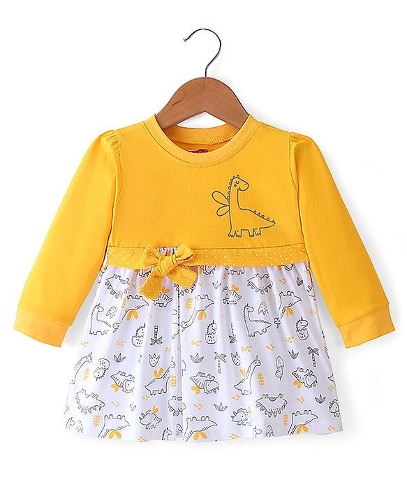 Babyhug 100% Cotton Single Jersey Knit Full Sleeves Frock Dino Print - Yellow
