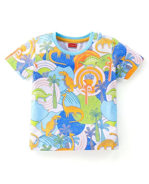 Babyhug Cotton Knit Half Sleeves T-Shirt with Dino World Graphics - Multicolour