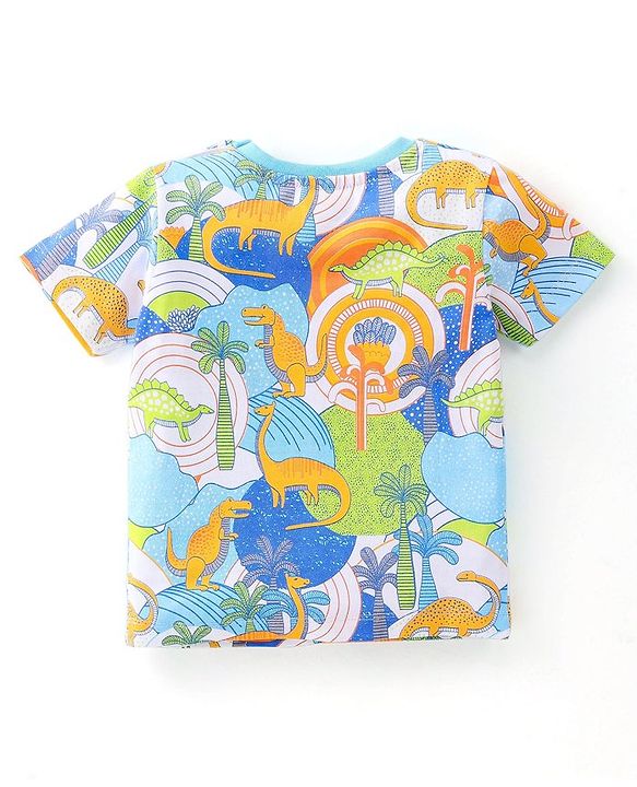 Babyhug Cotton Knit Half Sleeves T-Shirt with Dino World Graphics - Multicolour
