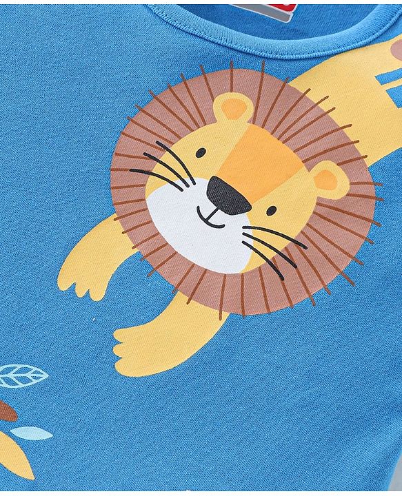 Babyhug 100% Cotton Knit Half Sleeves Romper Lion Print - Blue
