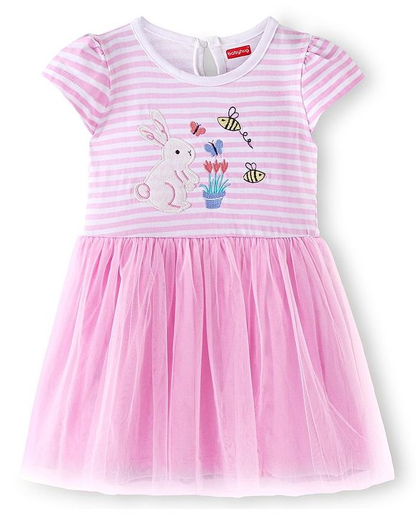 Babyhug 100% Cotton Knit Half Sleeves Frock Rabbit Embroidery - Pink
