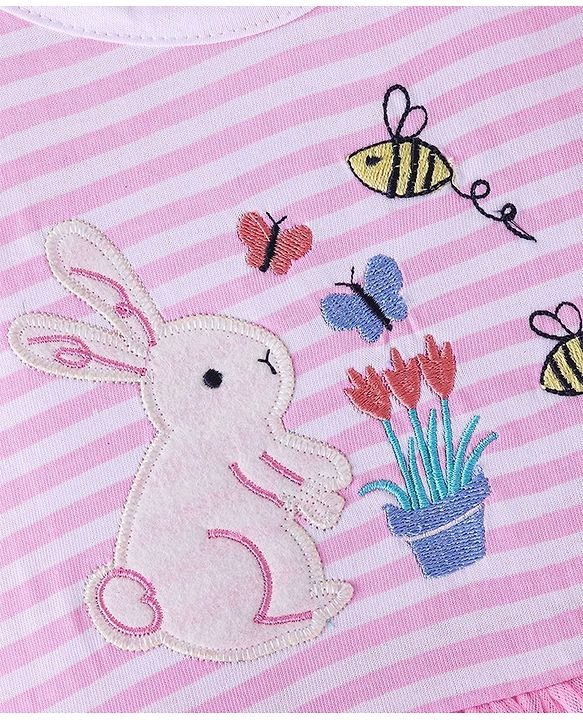 Babyhug 100% Cotton Knit Half Sleeves Frock Rabbit Embroidery - Pink