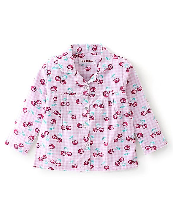 Babyhug Cotton Woven Full Sleeves Night Suit Berry Print - White