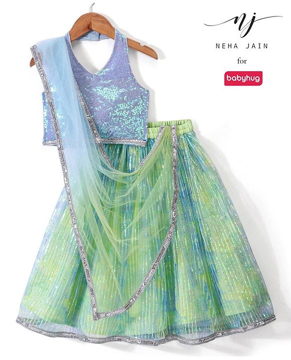 Babyhug Woven Sleeveless Embroidered Choli with Lehenga & Dupatta Sequince Detailing - Aqua Green