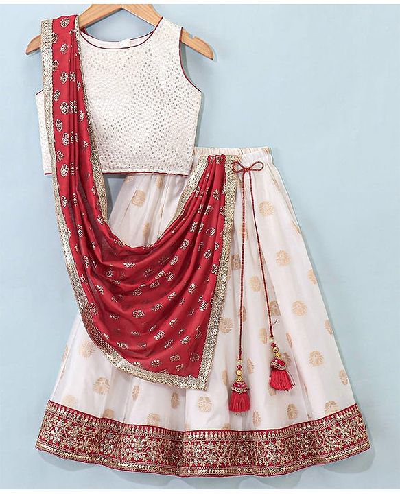 Babyhug Sleeveless Embrodered Choli with Brocade Lehenga and Dupatta - Off White & Red