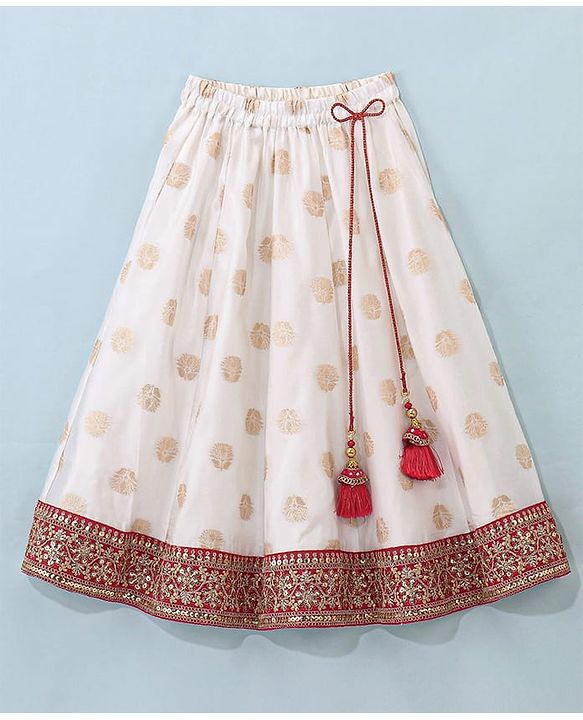 Babyhug Sleeveless Embrodered Choli with Brocade Lehenga and Dupatta - Off White & Red