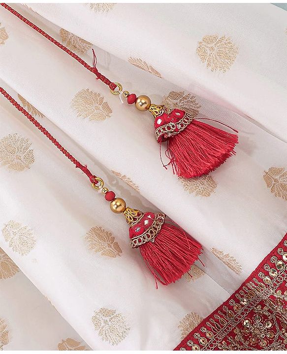 Babyhug Sleeveless Embrodered Choli with Brocade Lehenga and Dupatta - Off White & Red