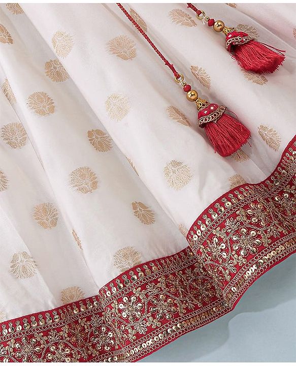 Babyhug Sleeveless Embrodered Choli with Brocade Lehenga and Dupatta - Off White & Red