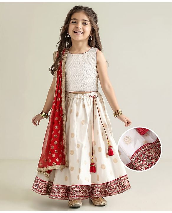 Babyhug Sleeveless Embrodered Choli with Brocade Lehenga and Dupatta - Off White & Red