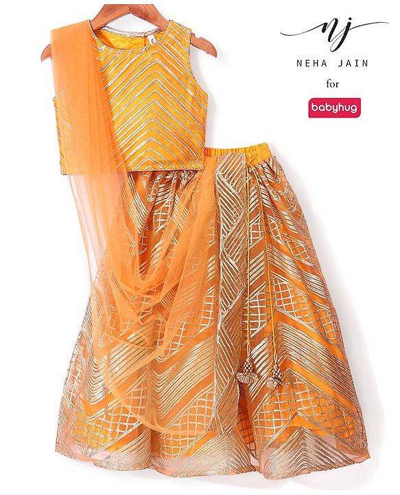 Babyhug Sleeveless Sequenced Embroidered Choli with Lehenga and Dupatta - Orange