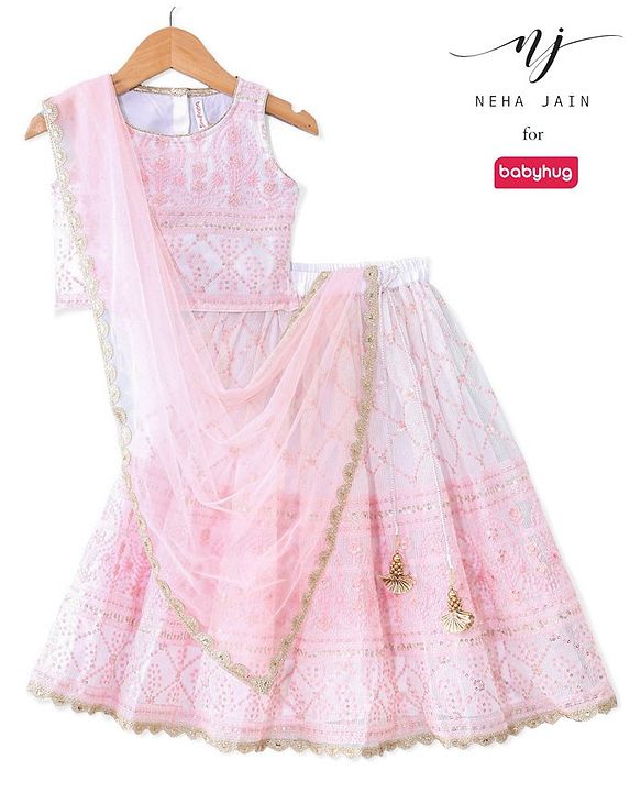 Babyhug Sleeveless Embroidered Choli with Embroidered Lehenga and Dupatta - Pink