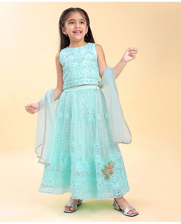 Babyhug Woven  Sleeveless Sequince Embroidered Choli with Lehenga and Dupatta - Aqua