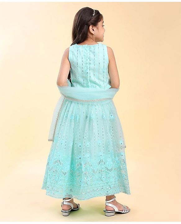 Babyhug Woven  Sleeveless Sequince Embroidered Choli with Lehenga and Dupatta - Aqua