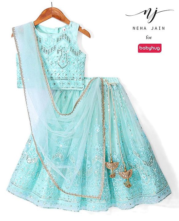 Babyhug Woven  Sleeveless Sequince Embroidered Choli with Lehenga and Dupatta - Aqua